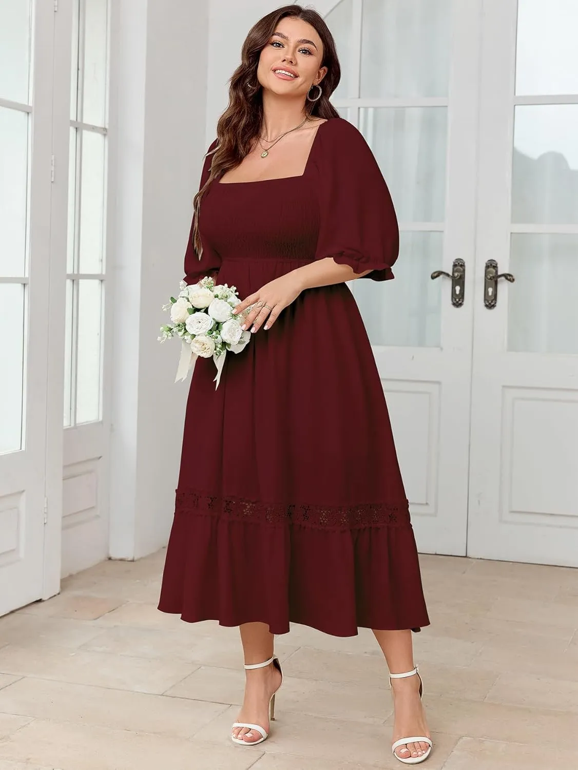 SCOMCHIC Women's Plus Size Maxi Dress Short Sleeve Square Neck Smocked Flowy A-Line Lace Trim Boho Wedding Guest Dresses