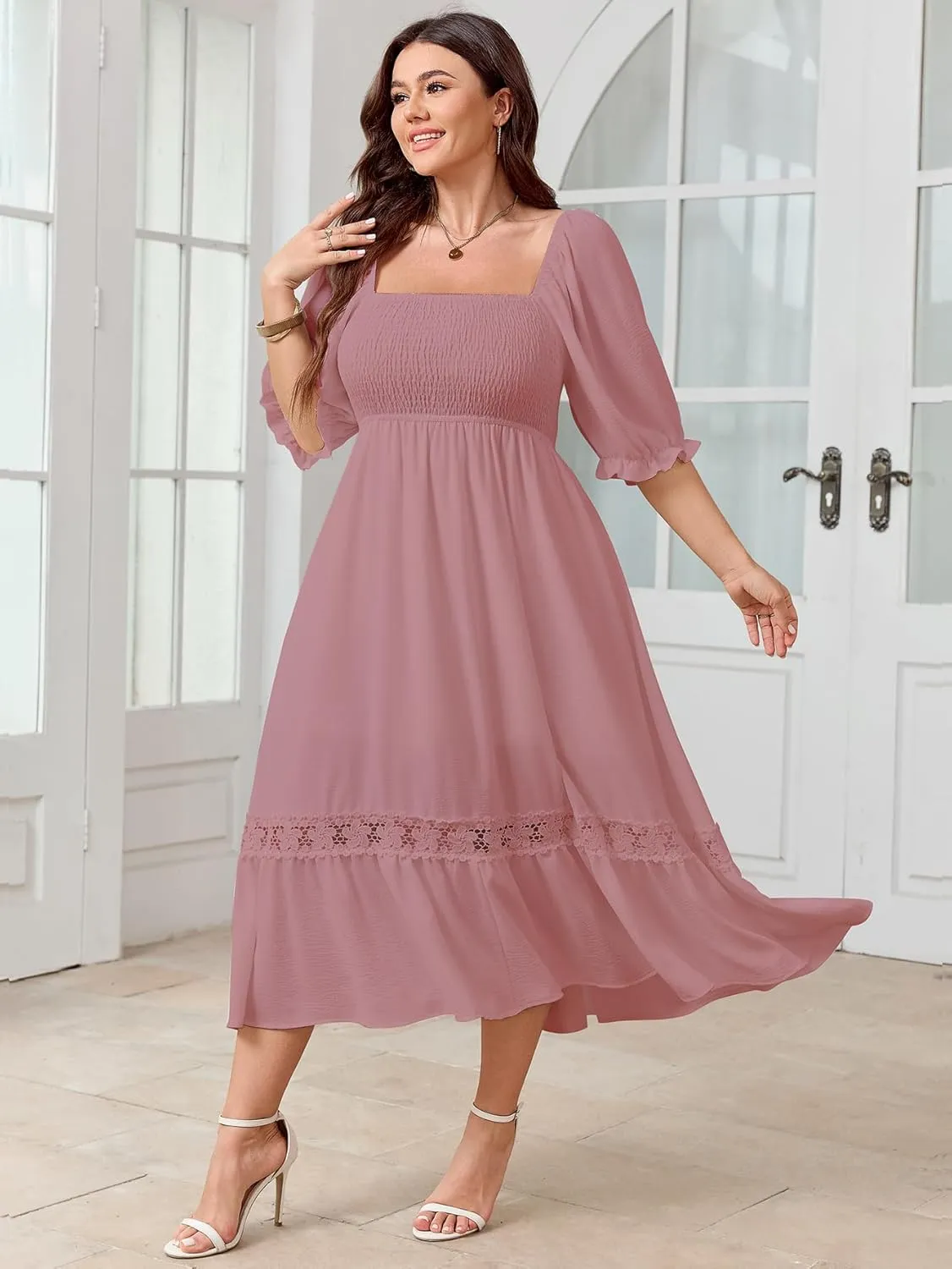 SCOMCHIC Women's Plus Size Maxi Dress Short Sleeve Square Neck Smocked Flowy A-Line Lace Trim Boho Wedding Guest Dresses