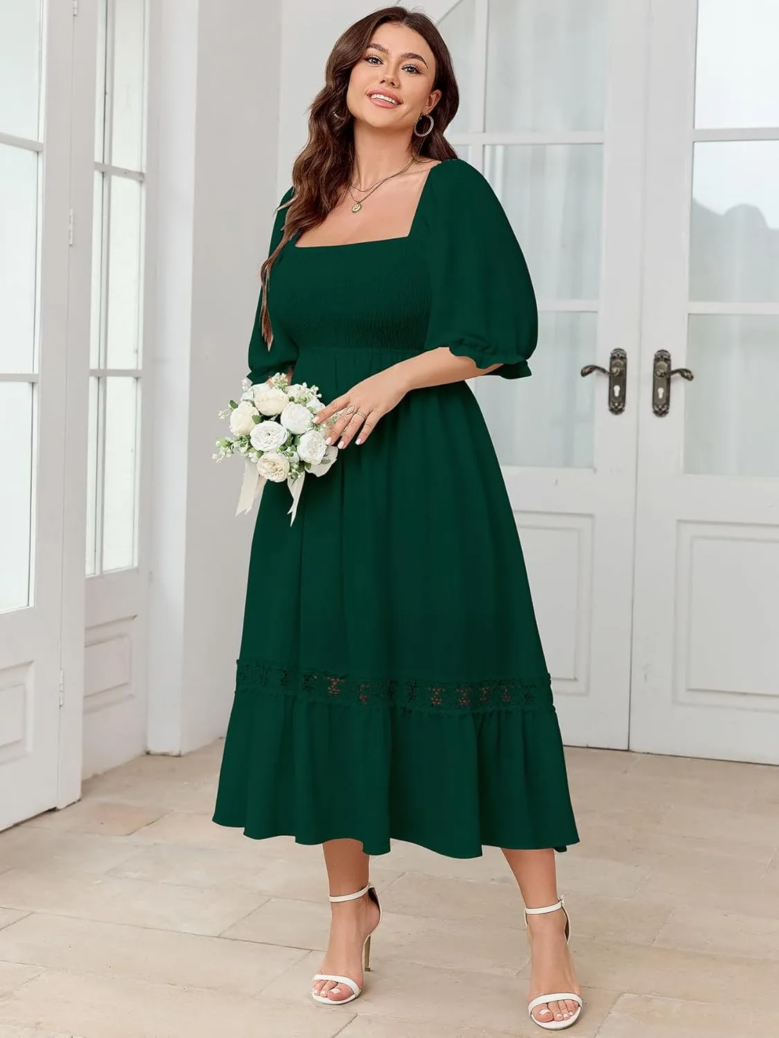 SCOMCHIC Women's Plus Size Maxi Dress Short Sleeve Square Neck Smocked Flowy A-Line Lace Trim Boho Wedding Guest Dresses