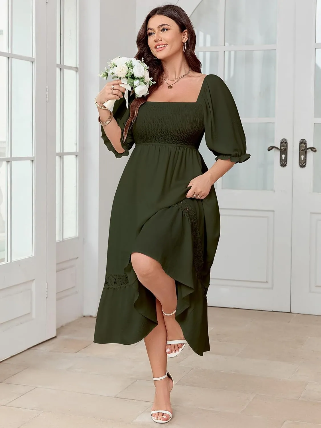 SCOMCHIC Women's Plus Size Maxi Dress Short Sleeve Square Neck Smocked Flowy A-Line Lace Trim Boho Wedding Guest Dresses