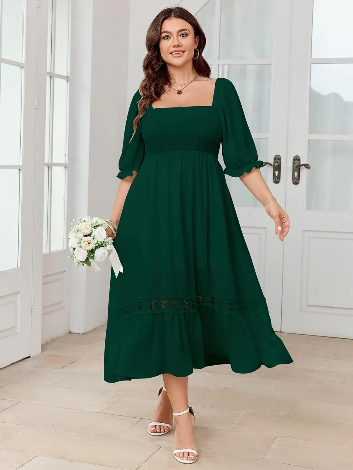 SCOMCHIC Women's Plus Size Maxi Dress Short Sleeve Square Neck Smocked Flowy A-Line Lace Trim Boho Wedding Guest Dresses