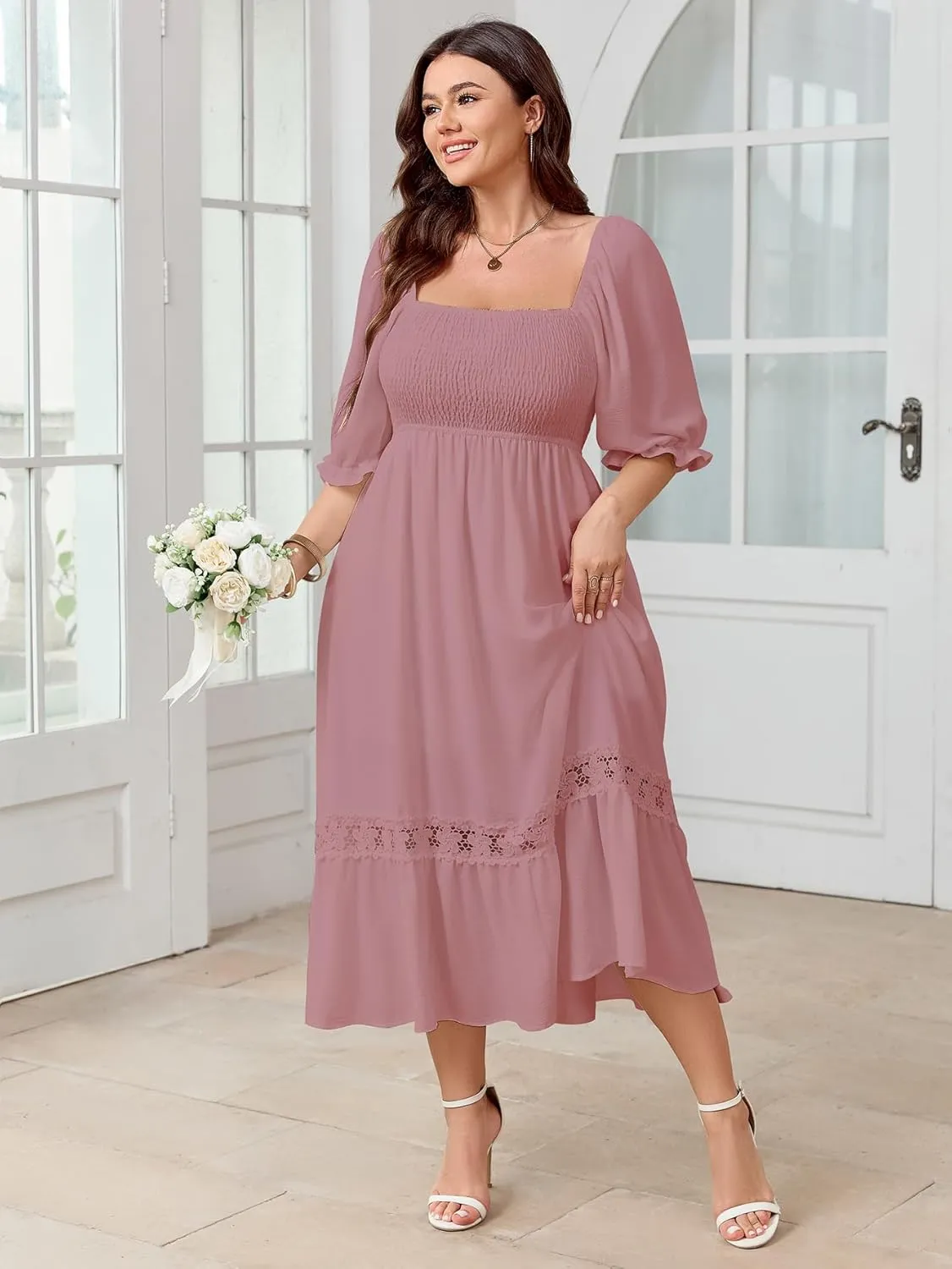 SCOMCHIC Women's Plus Size Maxi Dress Short Sleeve Square Neck Smocked Flowy A-Line Lace Trim Boho Wedding Guest Dresses