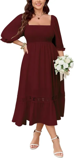 SCOMCHIC Women's Plus Size Maxi Dress Short Sleeve Square Neck Smocked Flowy A-Line Lace Trim Boho Wedding Guest Dresses