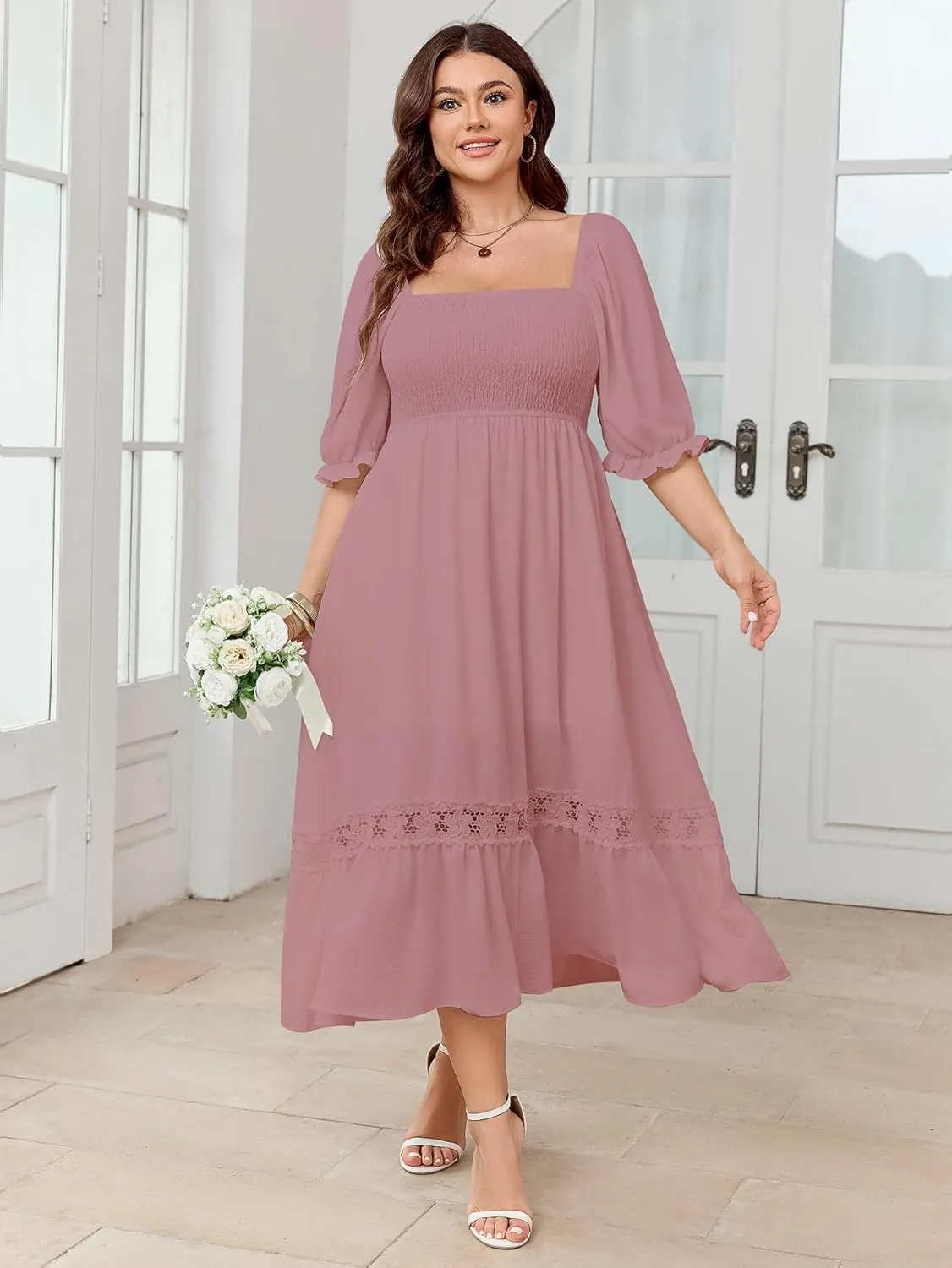 SCOMCHIC Women's Plus Size Maxi Dress Short Sleeve Square Neck Smocked Flowy A-Line Lace Trim Boho Wedding Guest Dresses