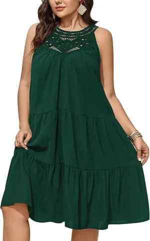 SCOMCHIC Womens Plus Size Summer Hollow Out Halter Dresses Sleeveless A Line Tiered Swing Sundress Beach Vacation Mini Dress