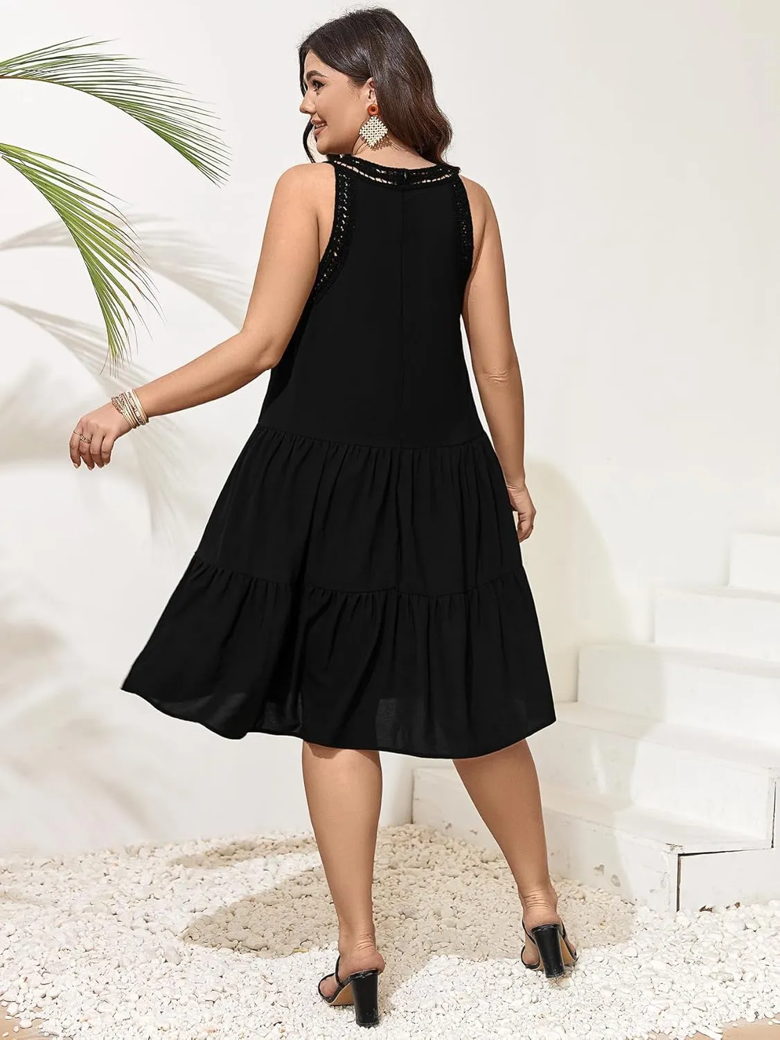 SCOMCHIC Womens Plus Size Summer Hollow Out Halter Dresses Sleeveless A Line Tiered Swing Sundress Beach Vacation Mini Dress
