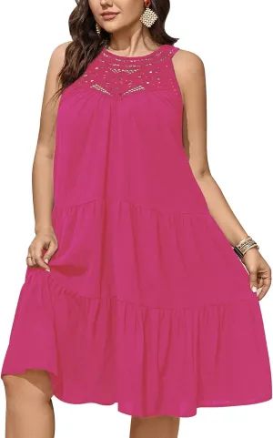 SCOMCHIC Womens Plus Size Summer Hollow Out Halter Dresses Sleeveless A Line Tiered Swing Sundress Beach Vacation Mini Dress