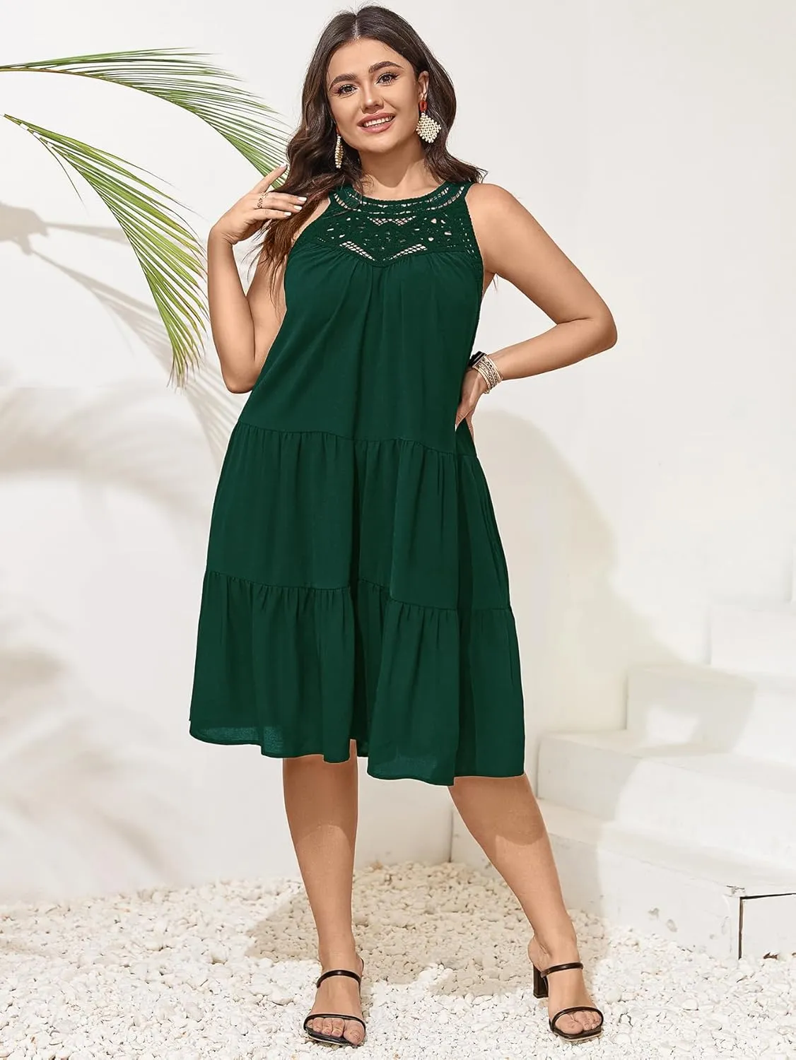 SCOMCHIC Womens Plus Size Summer Hollow Out Halter Dresses Sleeveless A Line Tiered Swing Sundress Beach Vacation Mini Dress