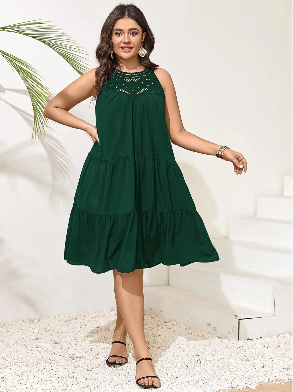 SCOMCHIC Womens Plus Size Summer Hollow Out Halter Dresses Sleeveless A Line Tiered Swing Sundress Beach Vacation Mini Dress