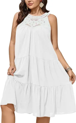 SCOMCHIC Womens Plus Size Summer Hollow Out Halter Dresses Sleeveless A Line Tiered Swing Sundress Beach Vacation Mini Dress