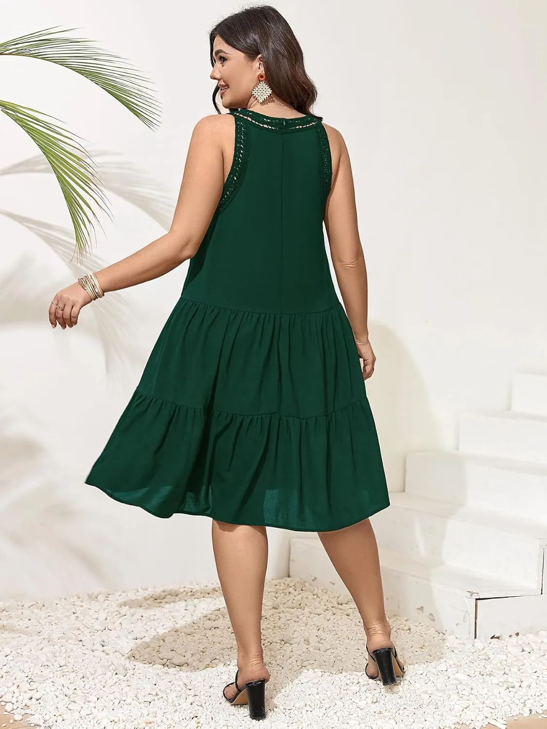 SCOMCHIC Womens Plus Size Summer Hollow Out Halter Dresses Sleeveless A Line Tiered Swing Sundress Beach Vacation Mini Dress