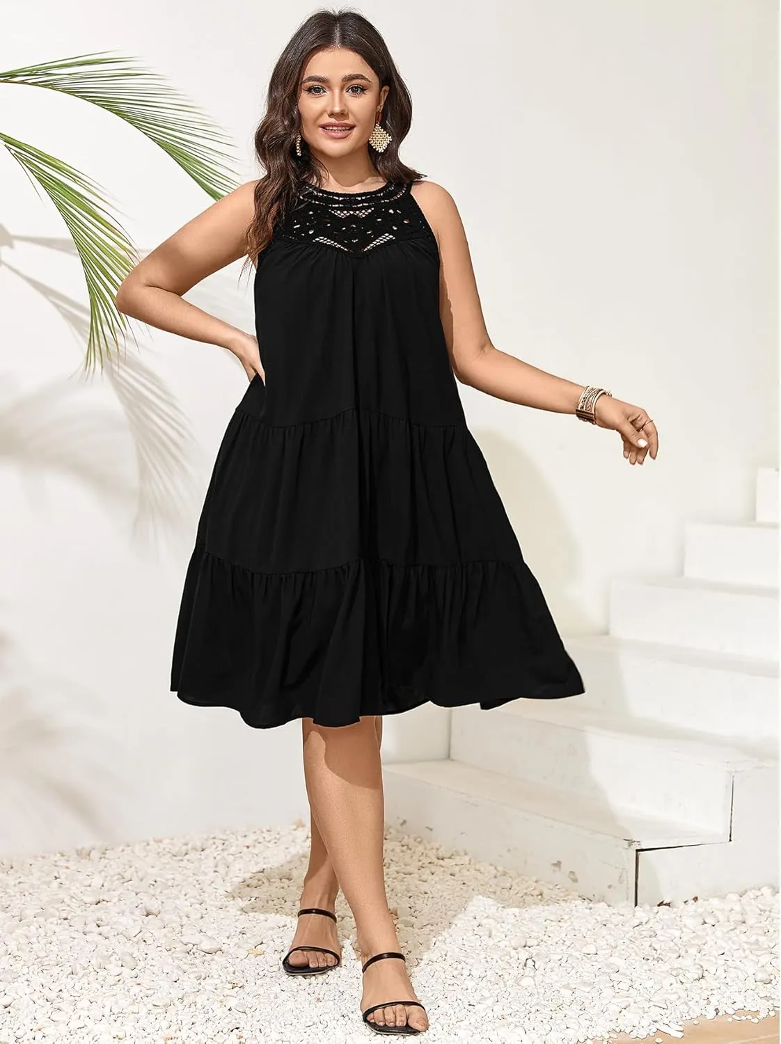 SCOMCHIC Womens Plus Size Summer Hollow Out Halter Dresses Sleeveless A Line Tiered Swing Sundress Beach Vacation Mini Dress