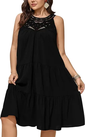 SCOMCHIC Womens Plus Size Summer Hollow Out Halter Dresses Sleeveless A Line Tiered Swing Sundress Beach Vacation Mini Dress