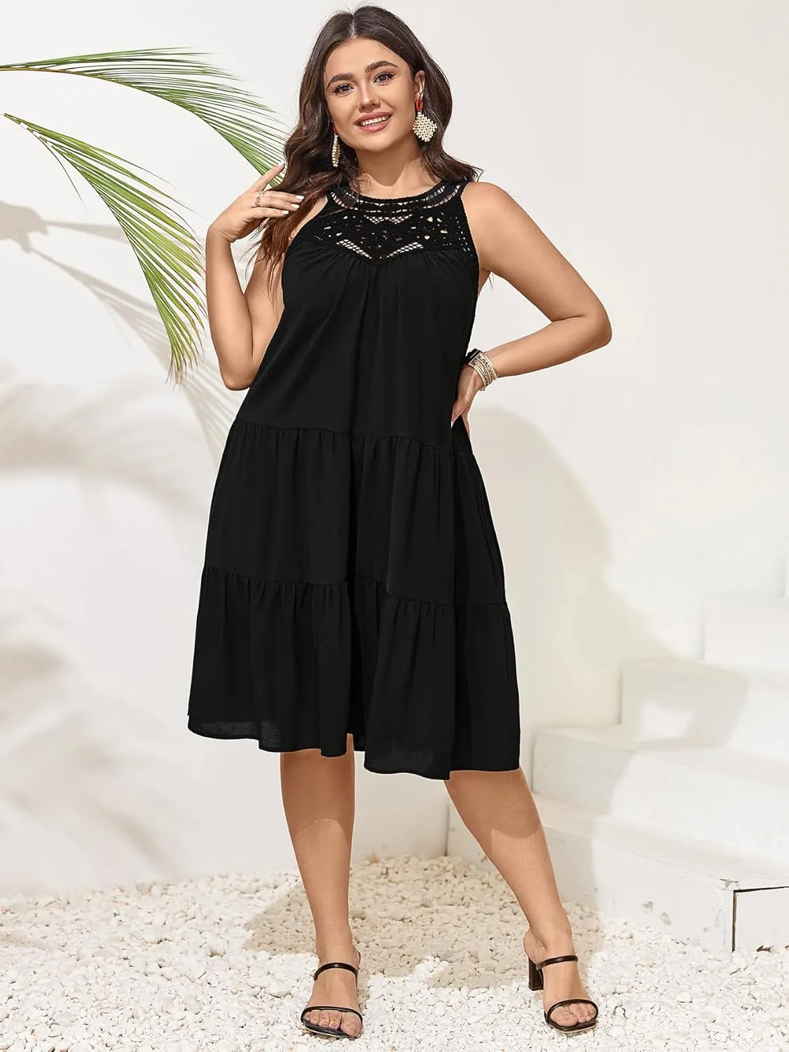 SCOMCHIC Womens Plus Size Summer Hollow Out Halter Dresses Sleeveless A Line Tiered Swing Sundress Beach Vacation Mini Dress