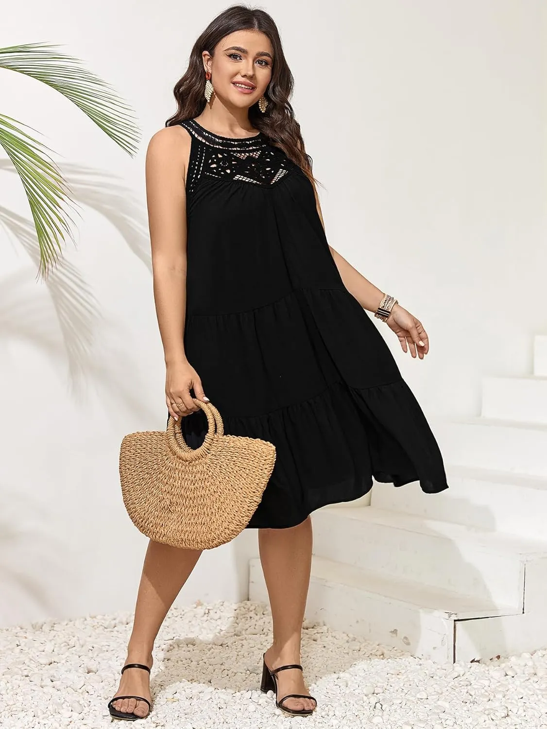 SCOMCHIC Womens Plus Size Summer Hollow Out Halter Dresses Sleeveless A Line Tiered Swing Sundress Beach Vacation Mini Dress