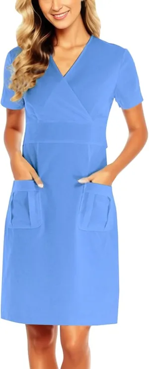 Scrub for Women Short Sleeve White Dress Soft Brushed Twill Nurse Working Uniform V Neck Wrap Dress with Pocket Nursing Scrub