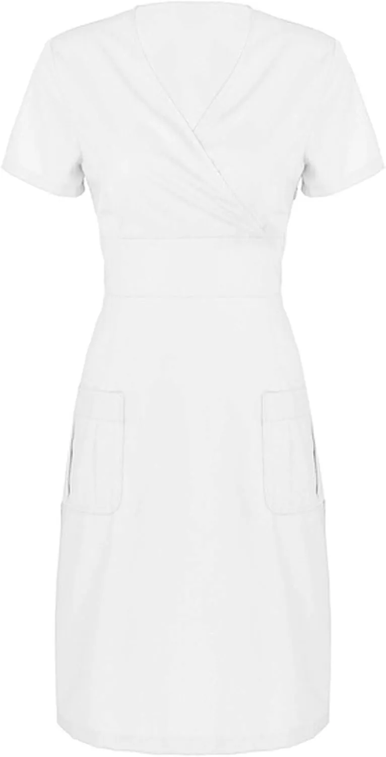 Scrub for Women Short Sleeve White Dress Soft Brushed Twill Nurse Working Uniform V Neck Wrap Dress with Pocket Nursing Scrub