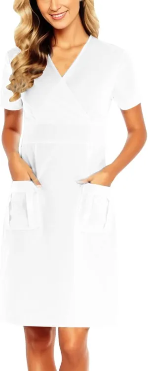 Scrub for Women Short Sleeve White Dress Soft Brushed Twill Nurse Working Uniform V Neck Wrap Dress with Pocket Nursing Scrub