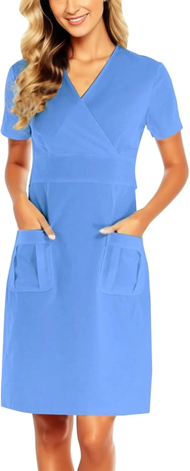 Scrub for Women Short Sleeve White Dress Soft Brushed Twill Nurse Working Uniform V Neck Wrap Dress with Pocket Nursing Scrub