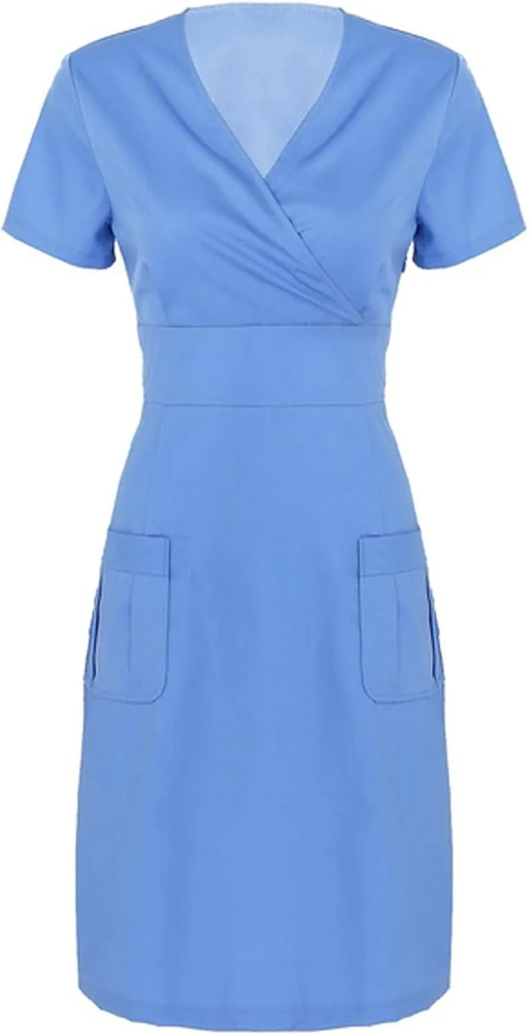 Scrub for Women Short Sleeve White Dress Soft Brushed Twill Nurse Working Uniform V Neck Wrap Dress with Pocket Nursing Scrub