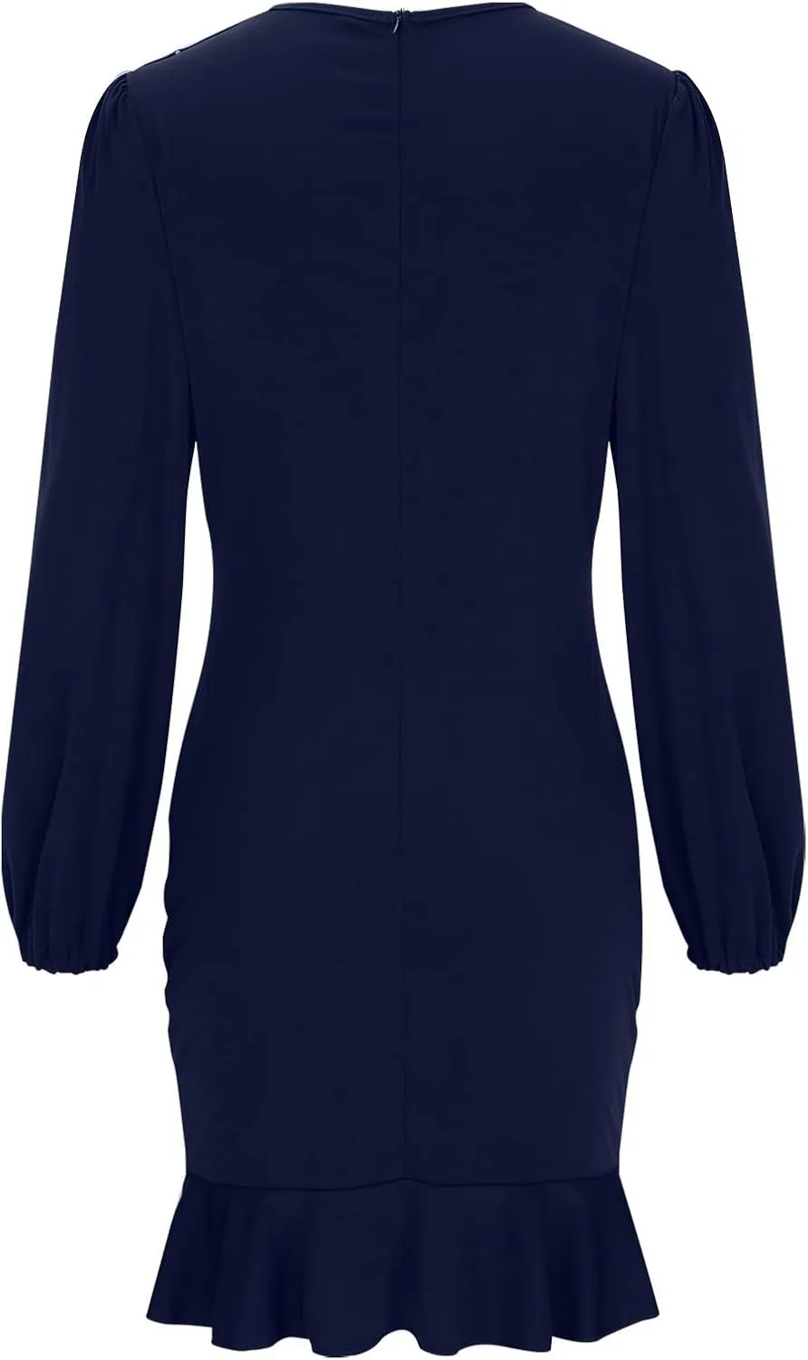 Sexy Long Sleeve Bodycon Mini Dress for Women Ruffle Hem Cocktail Party Work Dress Crew Neck Solid Color Dresses