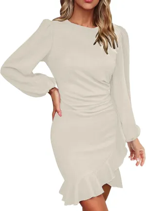 Sexy Long Sleeve Bodycon Mini Dress for Women Ruffle Hem Cocktail Party Work Dress Crew Neck Solid Color Dresses
