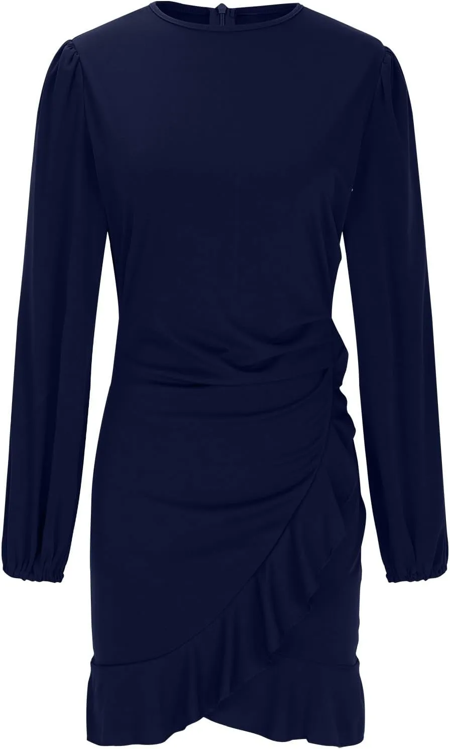 Sexy Long Sleeve Bodycon Mini Dress for Women Ruffle Hem Cocktail Party Work Dress Crew Neck Solid Color Dresses