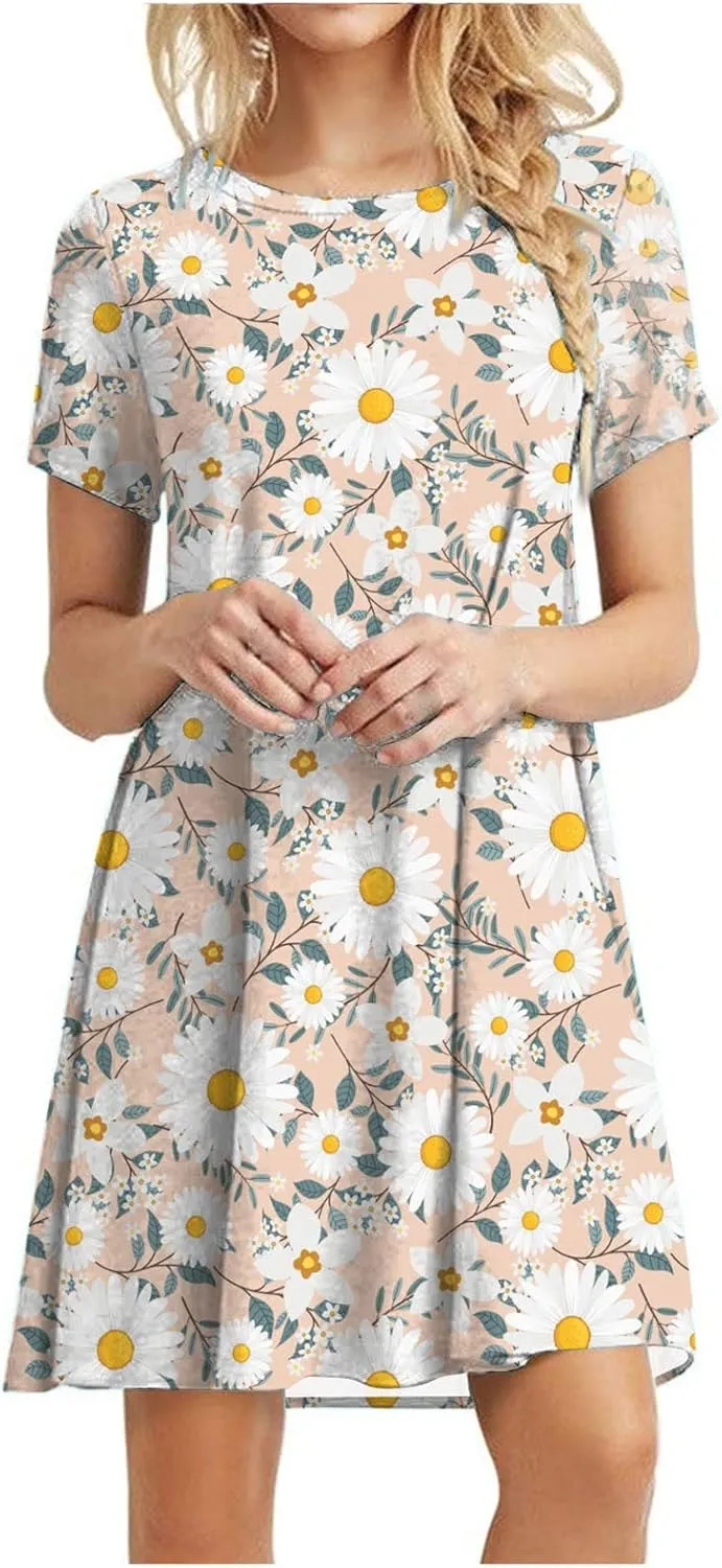 Short Sleeve Midi Dress for Women Floral Babydoll Dresses Crewneck Fit and Flare Dress Spring Break Dresses