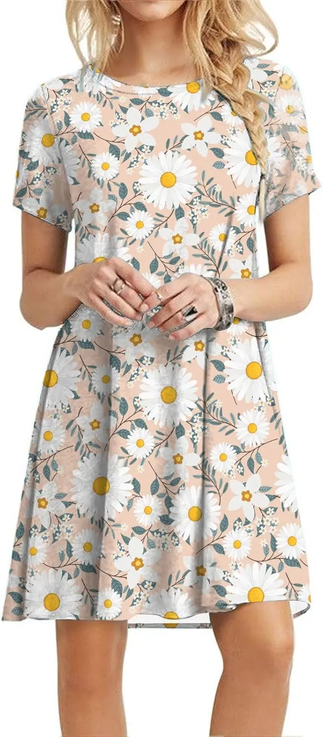 Short Sleeve Midi Dress for Women Floral Babydoll Dresses Crewneck Fit and Flare Dress Spring Break Dresses