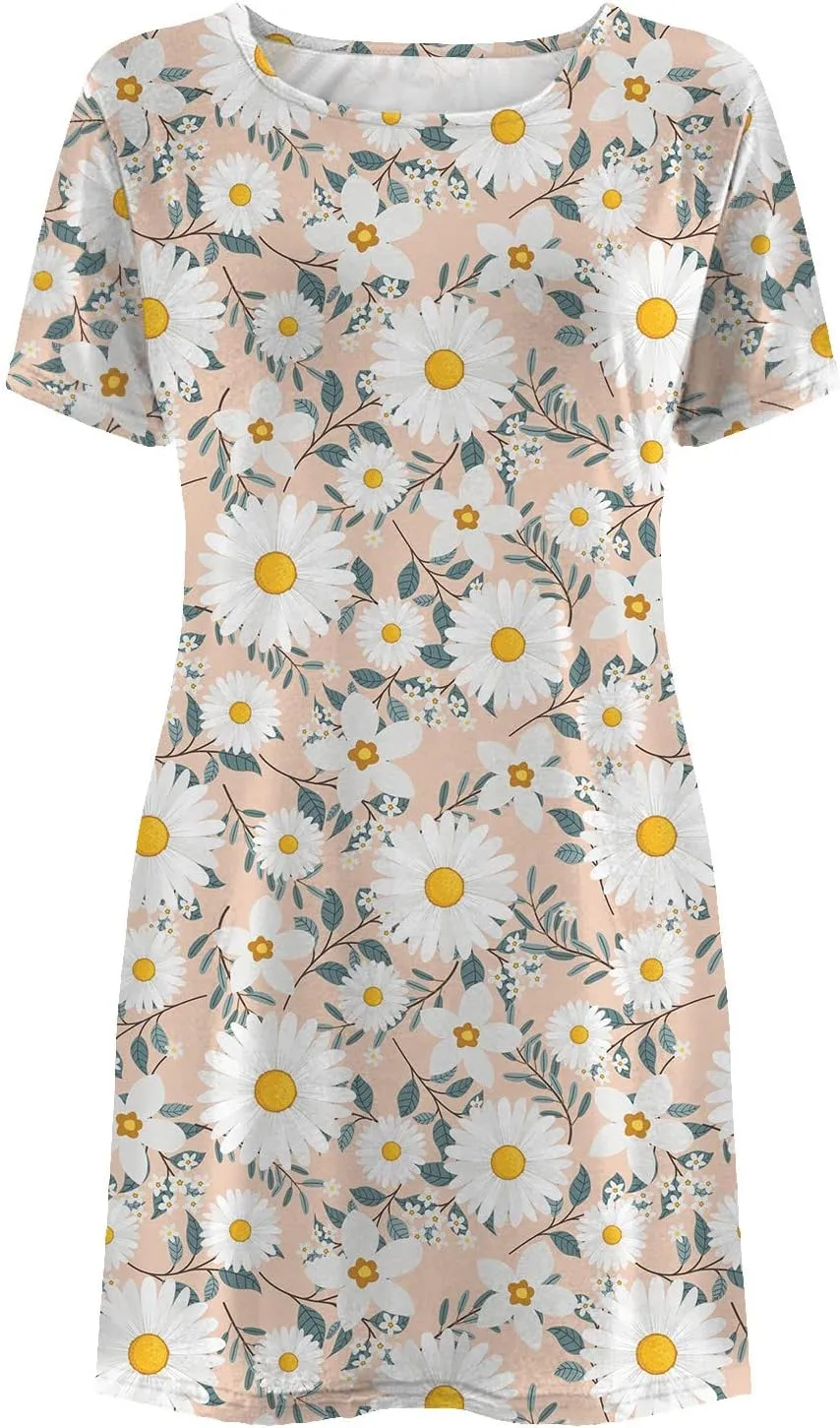 Short Sleeve Midi Dress for Women Floral Babydoll Dresses Crewneck Fit and Flare Dress Spring Break Dresses
