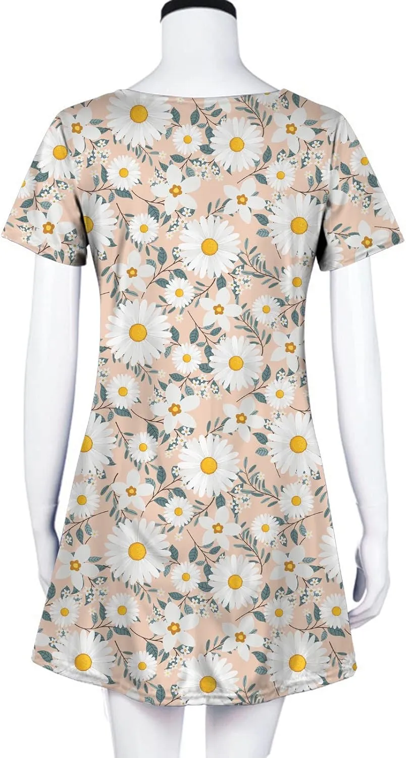 Short Sleeve Midi Dress for Women Floral Babydoll Dresses Crewneck Fit and Flare Dress Spring Break Dresses