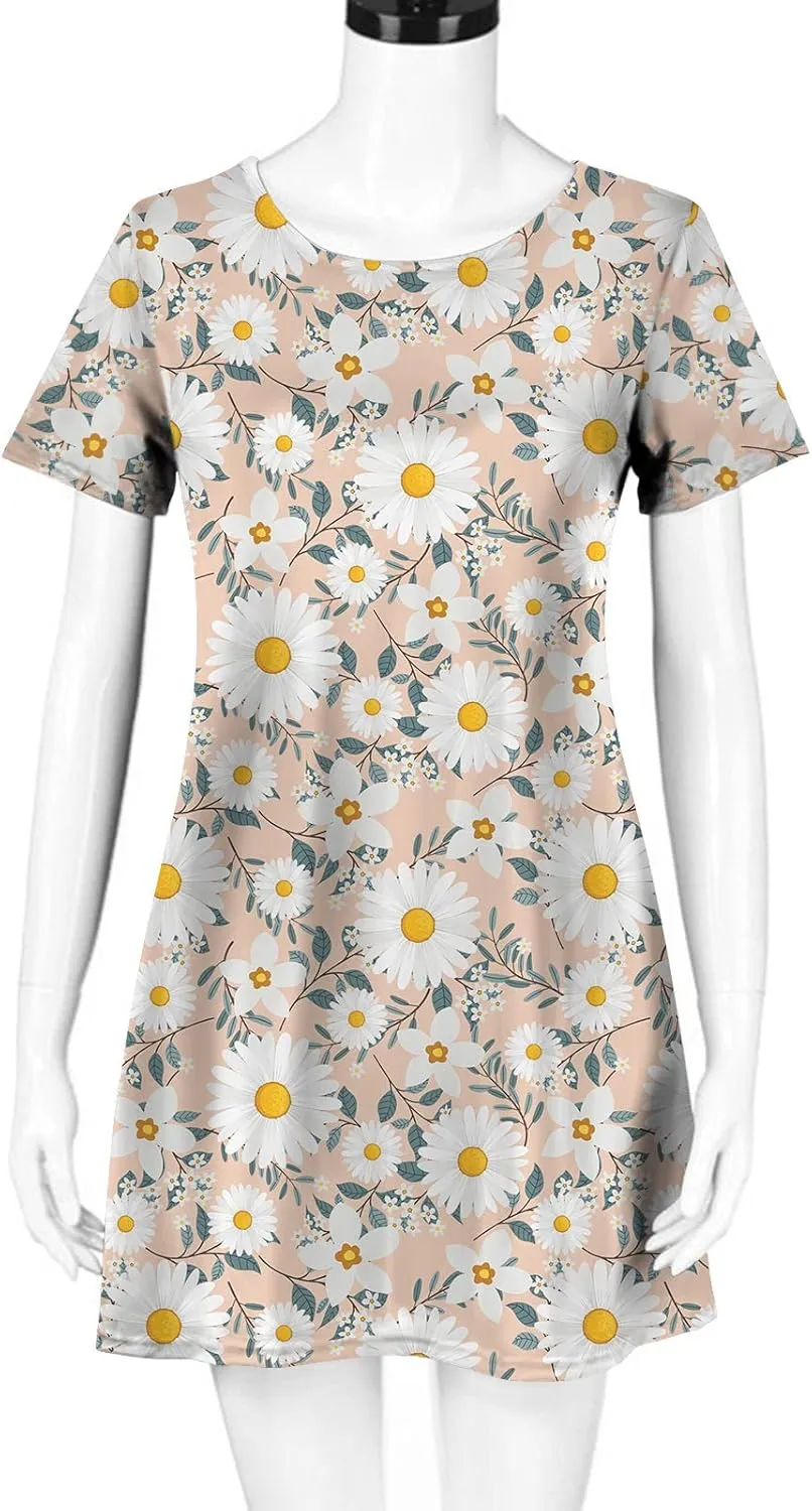 Short Sleeve Midi Dress for Women Floral Babydoll Dresses Crewneck Fit and Flare Dress Spring Break Dresses