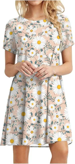 Short Sleeve Midi Dress for Women Floral Babydoll Dresses Crewneck Fit and Flare Dress Spring Break Dresses