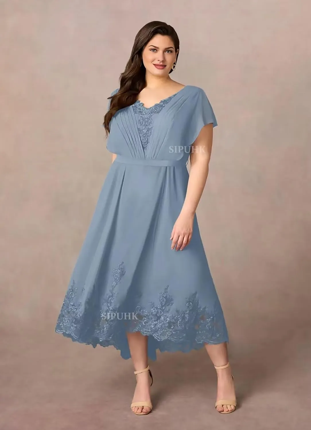 SIPUHK Lace Applique Mother of The Bride Dresses for Wedding Tea Length Chiffon Cap Sleeve Elegant Formal Dresses for Women