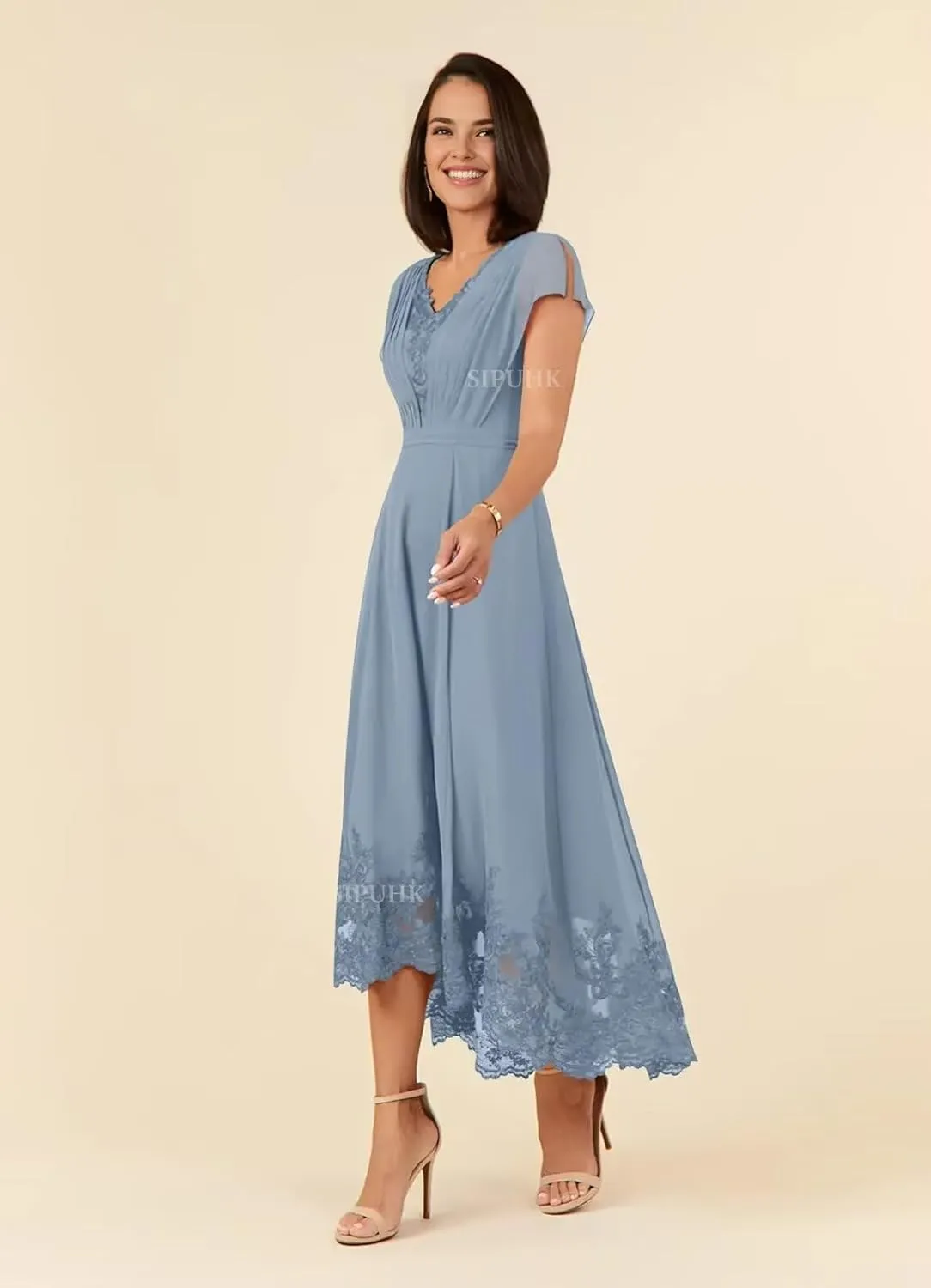 SIPUHK Lace Applique Mother of The Bride Dresses for Wedding Tea Length Chiffon Cap Sleeve Elegant Formal Dresses for Women