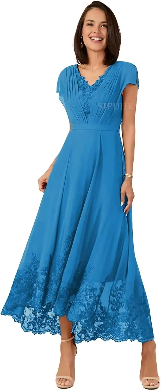 SIPUHK Lace Applique Mother of The Bride Dresses for Wedding Tea Length Chiffon Cap Sleeve Elegant Formal Dresses for Women