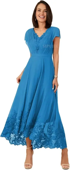 SIPUHK Lace Applique Mother of The Bride Dresses for Wedding Tea Length Chiffon Cap Sleeve Elegant Formal Dresses for Women