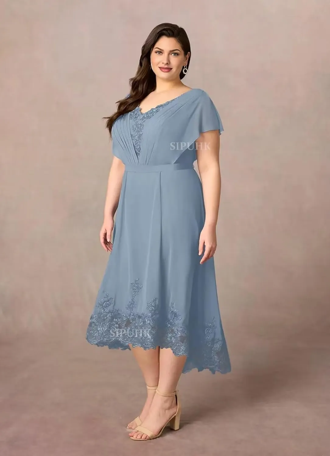 SIPUHK Lace Applique Mother of The Bride Dresses for Wedding Tea Length Chiffon Cap Sleeve Elegant Formal Dresses for Women