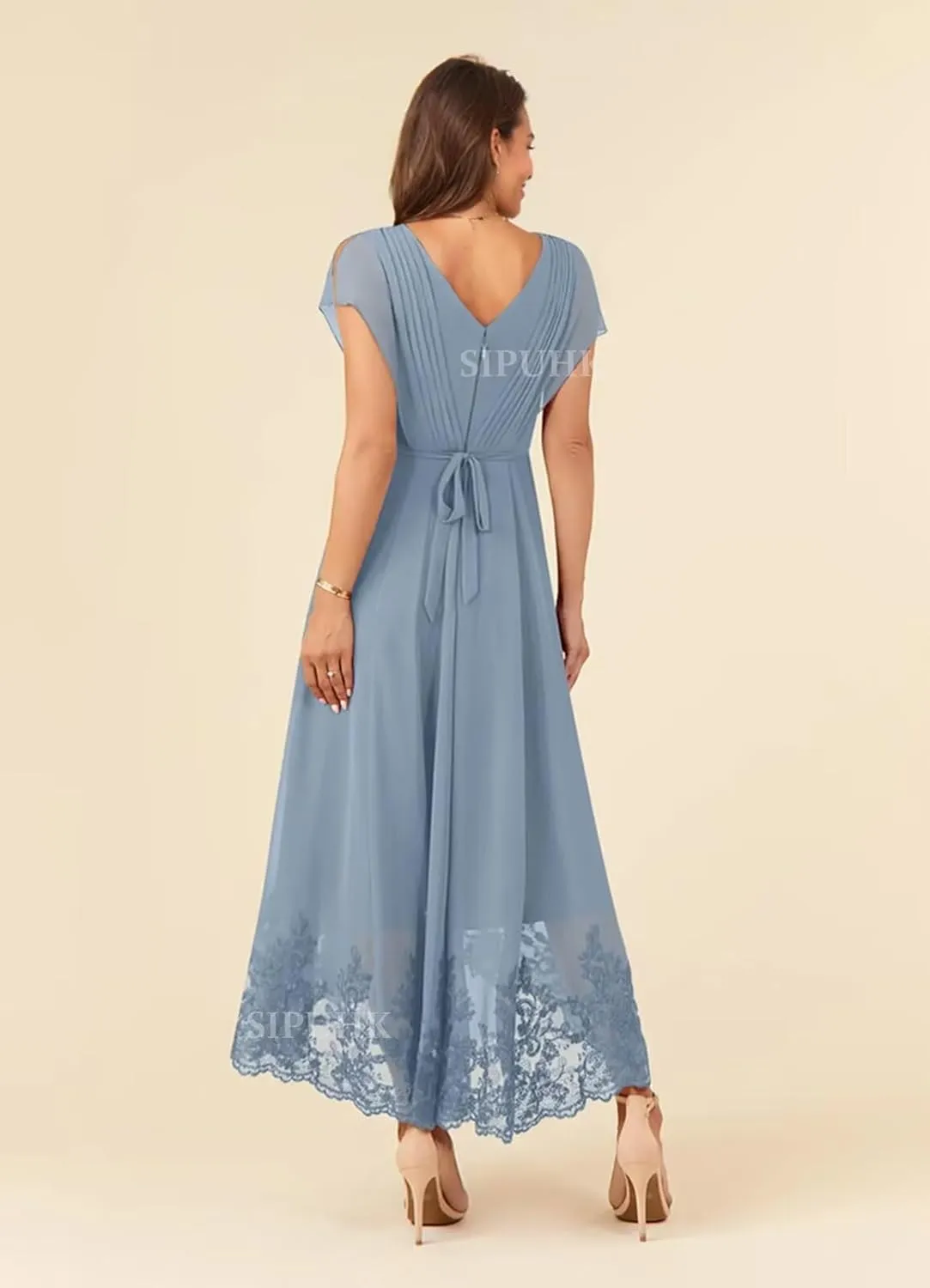SIPUHK Lace Applique Mother of The Bride Dresses for Wedding Tea Length Chiffon Cap Sleeve Elegant Formal Dresses for Women