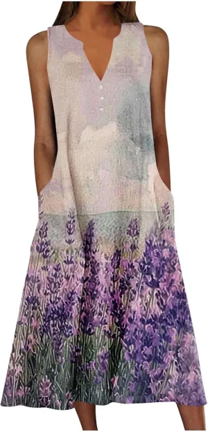 Sleeveless Dress for Women Summer Graphic Printed V Neck a Line Tank Dresses Boho Beach Vacation Sundress