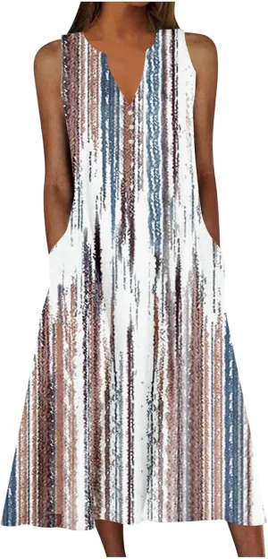 Sleeveless Dress for Women Summer Graphic Printed V Neck a Line Tank Dresses Boho Beach Vacation Sundress