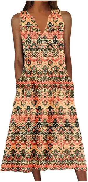 Sleeveless Dress for Women Summer Graphic Printed V Neck a Line Tank Dresses Boho Beach Vacation Sundress
