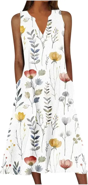 Sleeveless Dress for Women Summer Graphic Printed V Neck a Line Tank Dresses Boho Beach Vacation Sundress