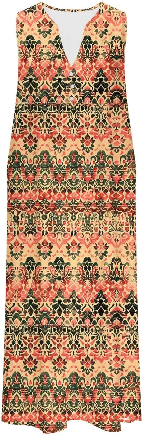 Sleeveless Dress for Women Summer Graphic Printed V Neck a Line Tank Dresses Boho Beach Vacation Sundress