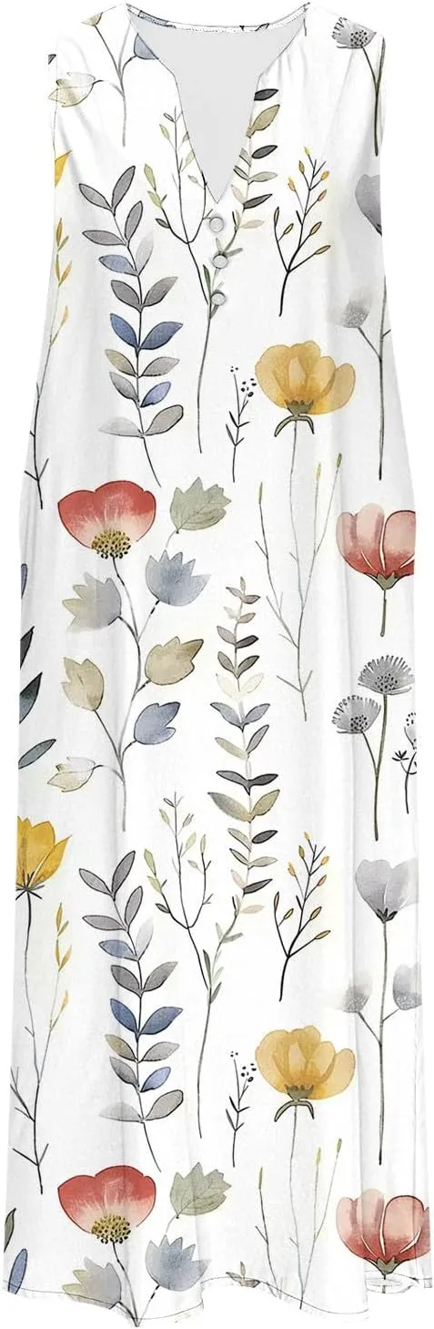 Sleeveless Dress for Women Summer Graphic Printed V Neck a Line Tank Dresses Boho Beach Vacation Sundress