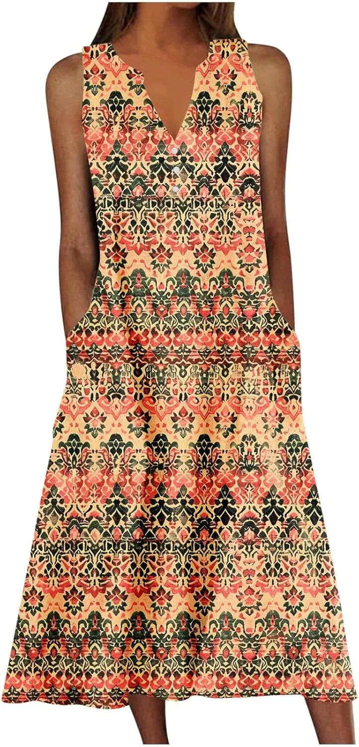 Sleeveless Dress for Women Summer Graphic Printed V Neck a Line Tank Dresses Boho Beach Vacation Sundress