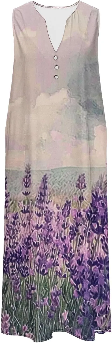 Sleeveless Dress for Women Summer Graphic Printed V Neck a Line Tank Dresses Boho Beach Vacation Sundress