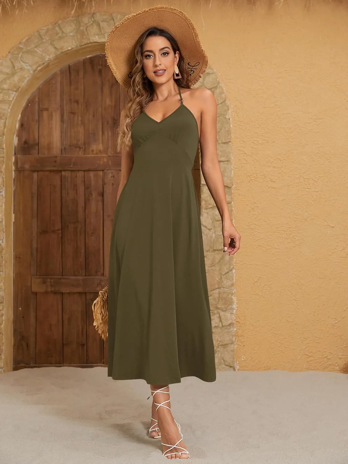 SOLY HUX Women's Halter V Neck Tie Backless Cami Dress Sleeveless Long Dresses