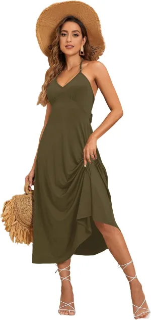 SOLY HUX Women's Halter V Neck Tie Backless Cami Dress Sleeveless Long Dresses