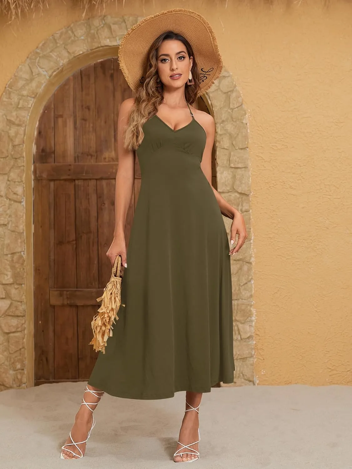 SOLY HUX Women's Halter V Neck Tie Backless Cami Dress Sleeveless Long Dresses